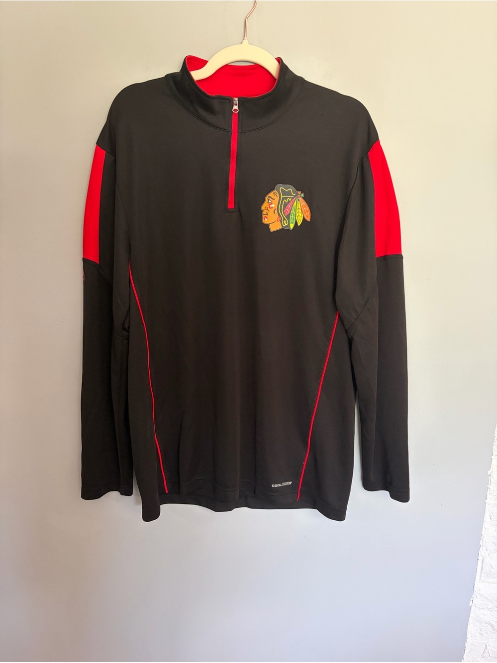 Chicago Blackhawks 1/4 Zip Long Sleeve Shirt Mens L Black Cool Base Majestic NHL